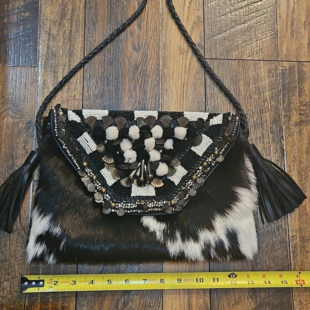 Anthropologie Ibban Calf Hair‎ Leather Black and White Beaded Women's Purse.